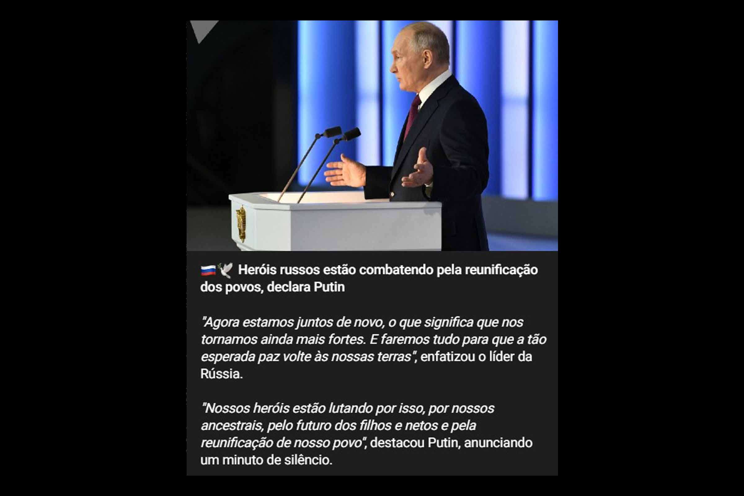 Presidente Vladimir Putin fala em reunificar Ucrânia à Rússia, suspende acordo nuclear com os EUA e diz que país está ainda mais forte
