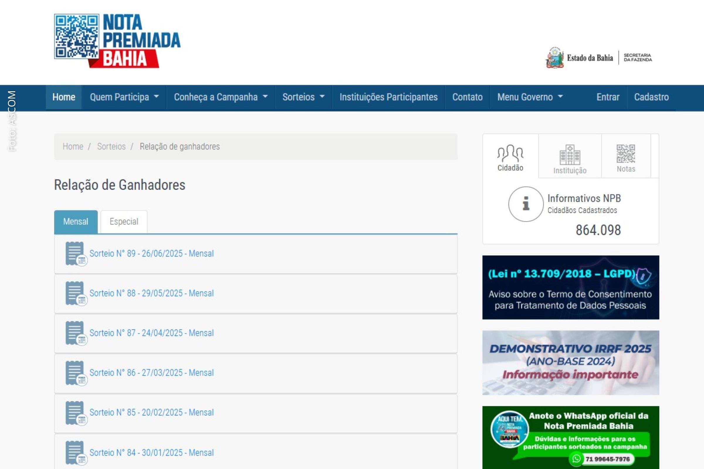Nota Premiada Bahia ultrapassa 6 mil ganhadores em 93 sorteios realizados desde 2018