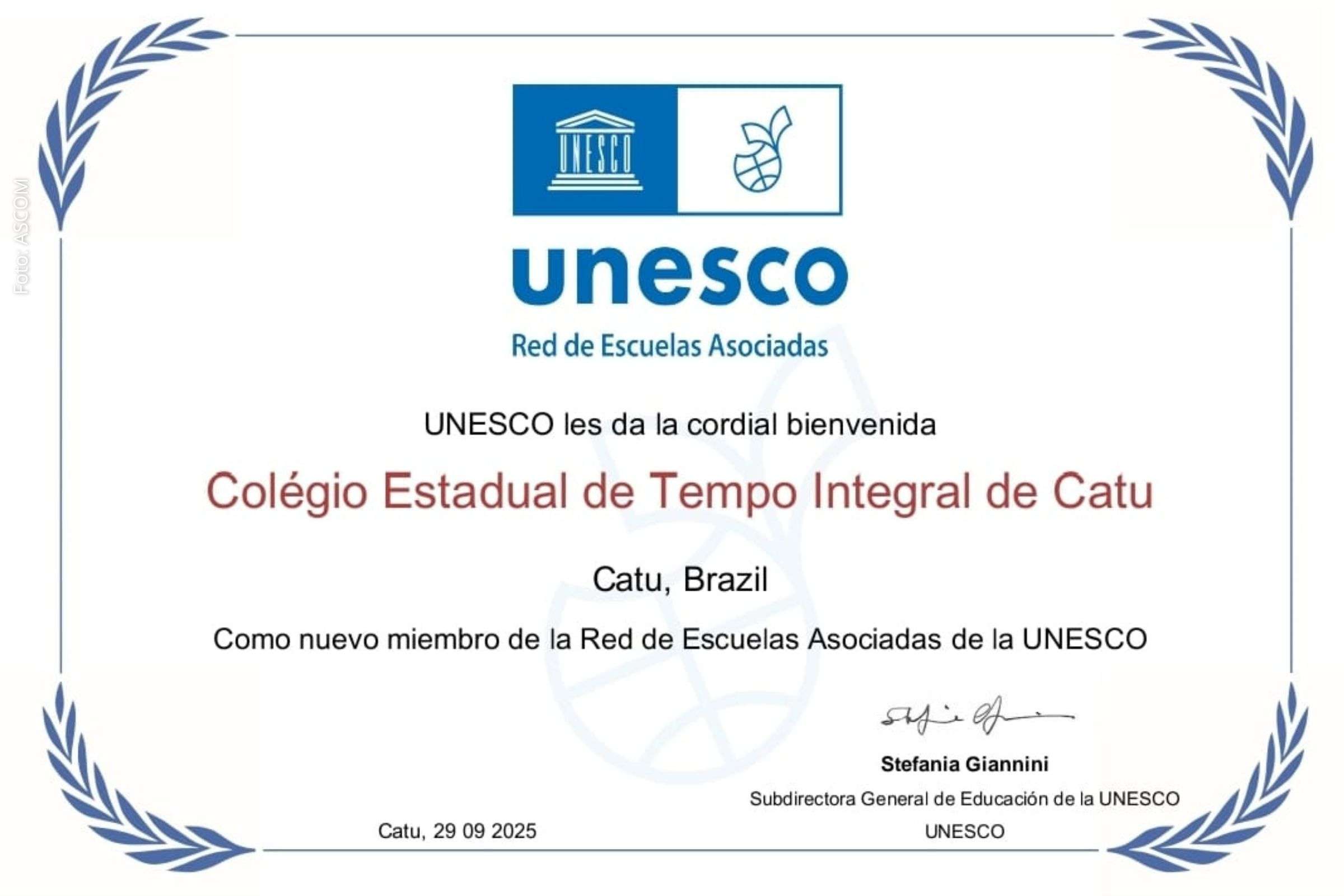 Colégio de Tempo Integral de Catu integra Rede de Escolas Associadas da UNESCO
