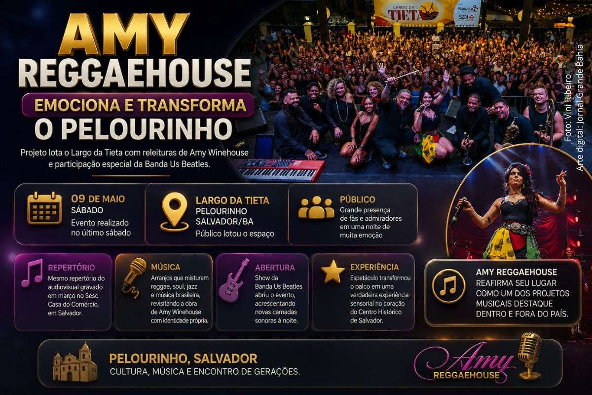 Projeto musical apresentou repertório inspirado em Amy Winehouse no Largo da Tieta, no Pelourinho, em Salvador, durante evento realizado no sábado (09/05/2026).