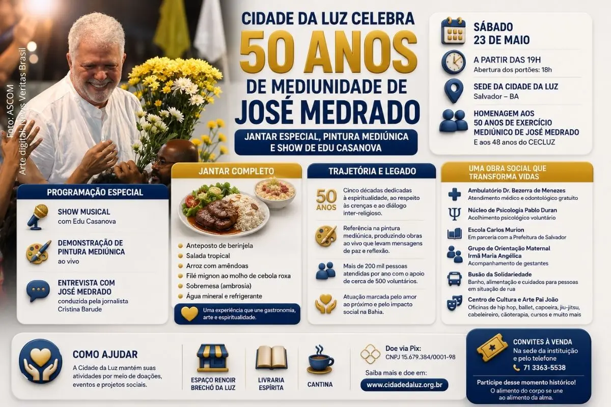 Cidade da Luz celebra 50 anos de mediunidade de José Medrado com jantar, pintura mediúnica e show em Salvador