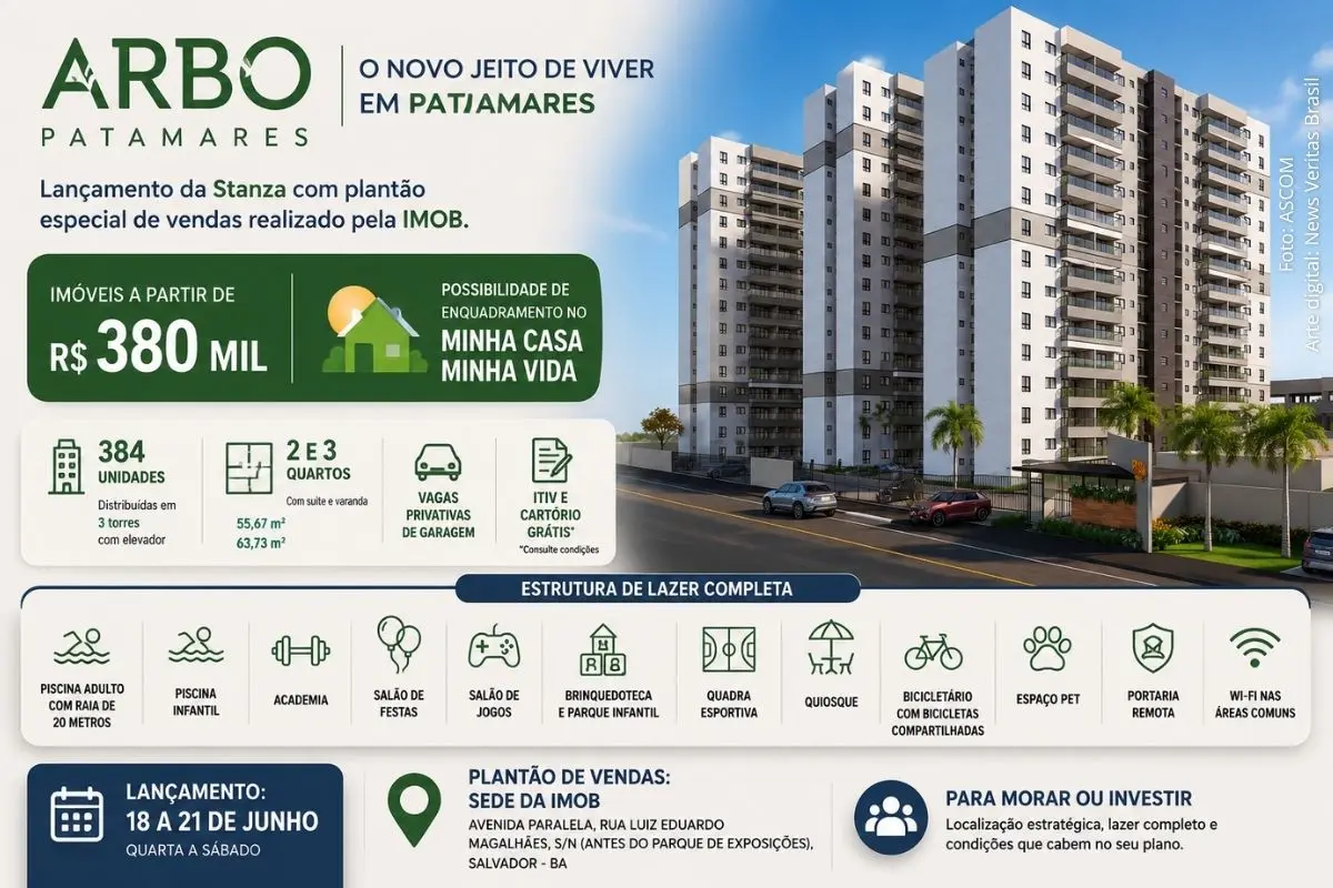Novo empreendimento será lançado em Patamares com apartamentos a partir de R$ 380 mil, infraestrutura de lazer e possibilidade de enquadramento no Minha Casa, Minha Vida.