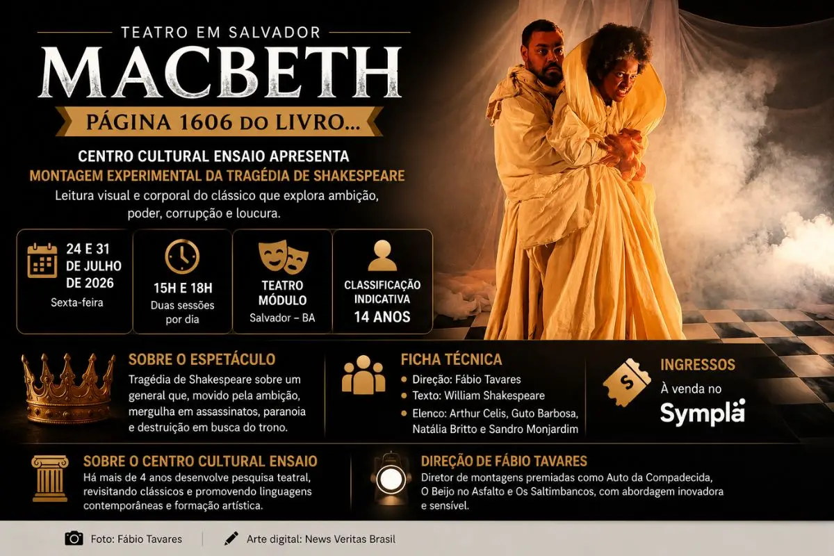 Centro Cultural Ensaio leva ao palco uma releitura visual e corporal da tragédia de William Shakespeare, com direção de Fábio Tavares e sessões em julho na capital baiana.