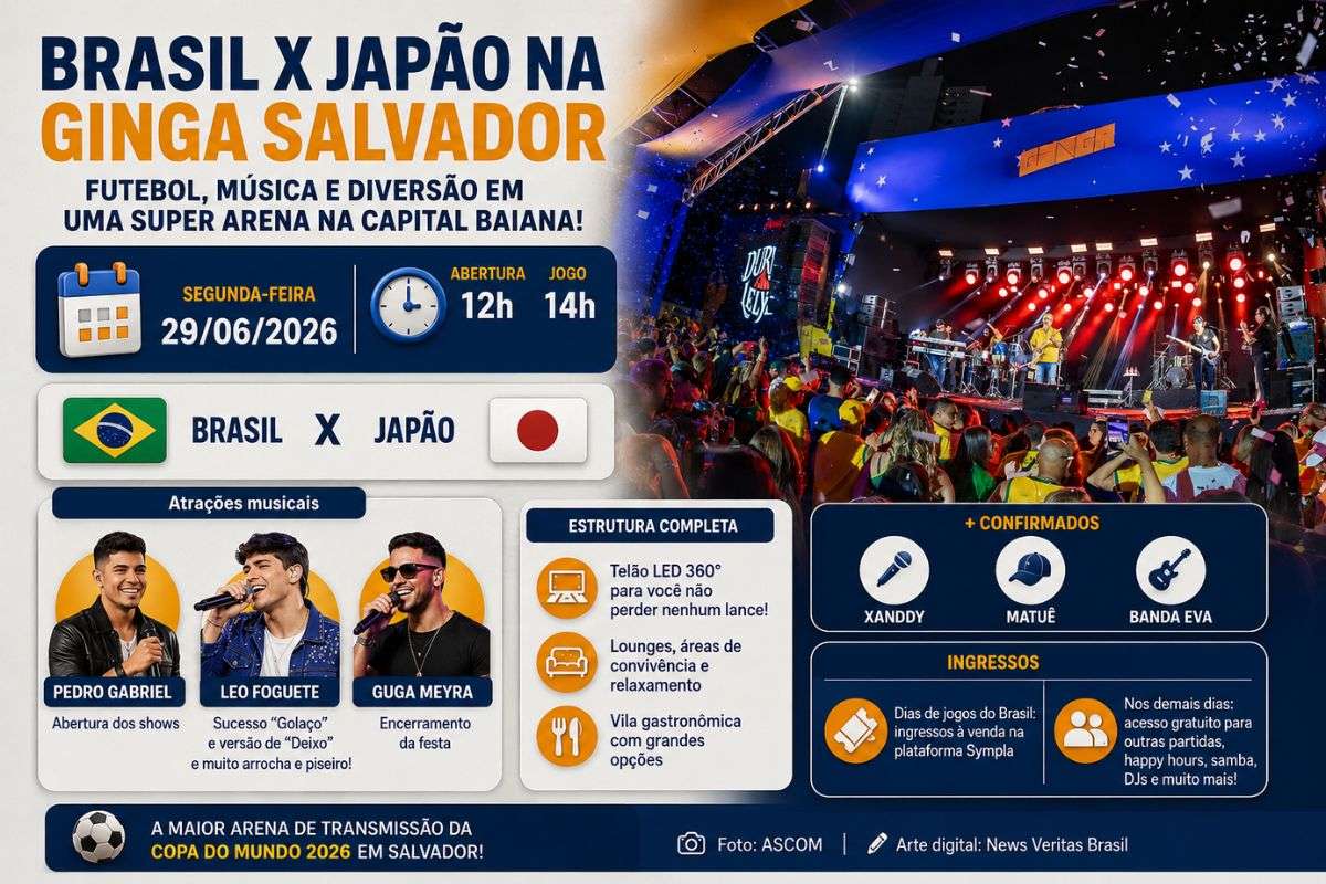 Brasil x Japão na Copa do Mundo 2026: Ginga Salvador reúne transmissão em telão 360º e shows de Leo Foguete, Guga Meyra e Pedro Gabriel