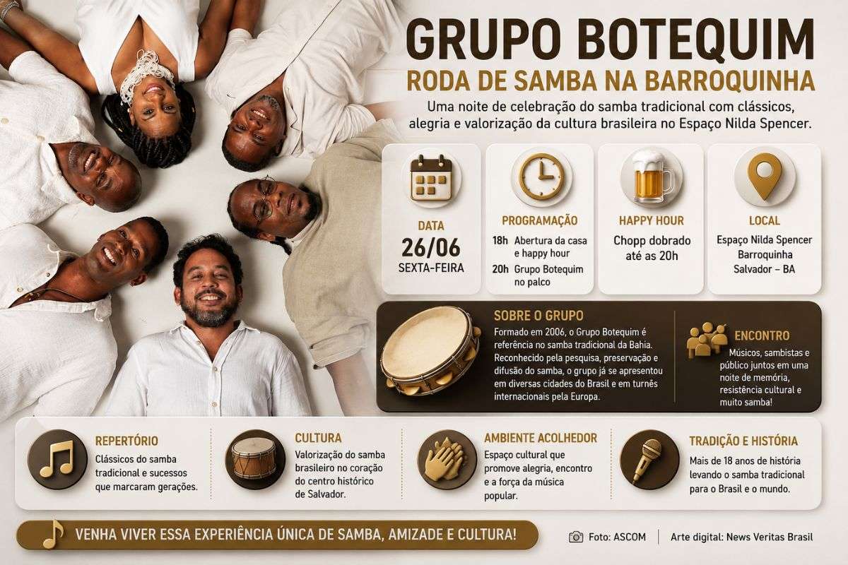 Evento acontece na sexta-feira (26/06), no Espaço Nilda Spencer, na Barroquinha, reunindo repertório de samba tradicional.