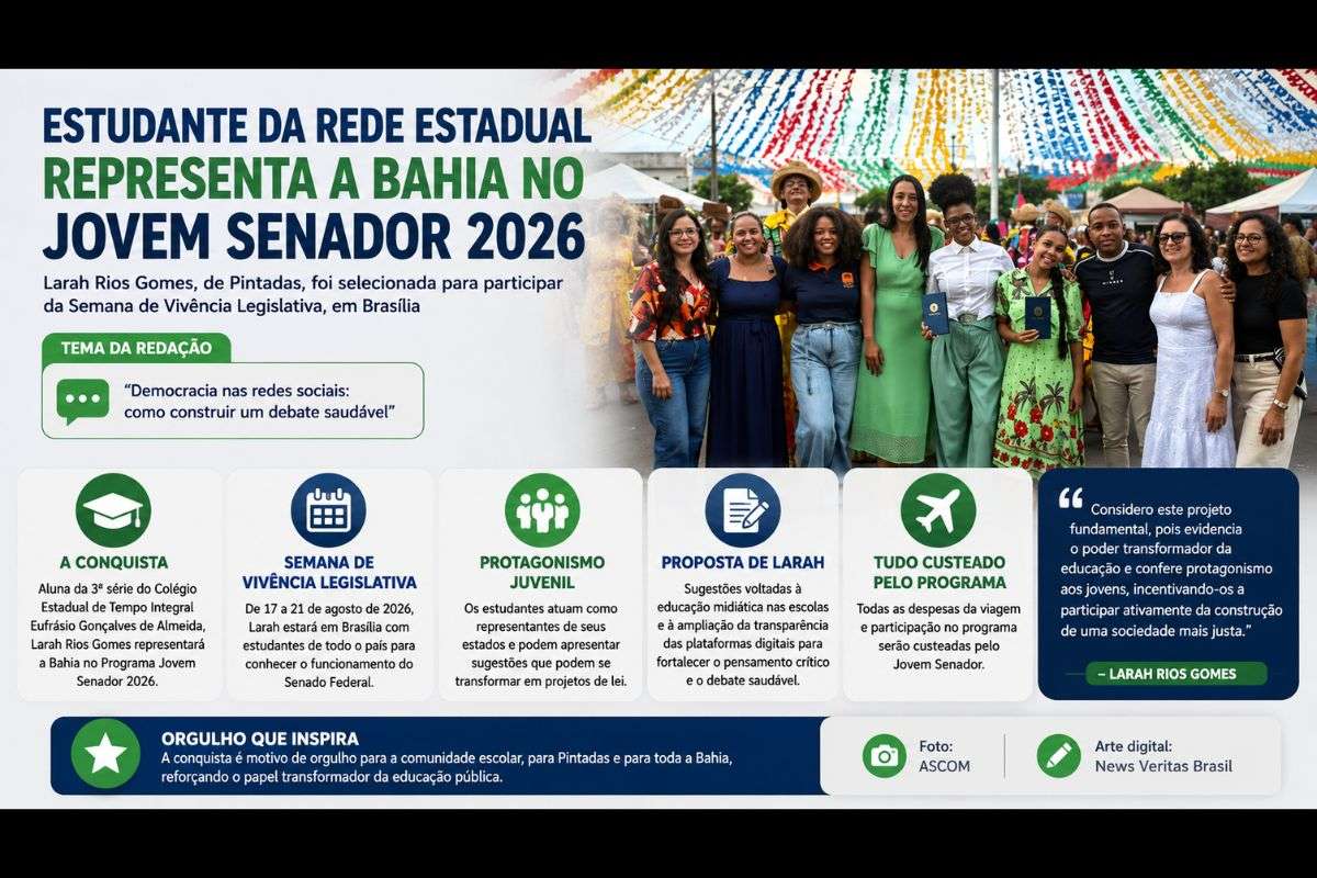 Aluna de Pintadas foi selecionada para participar da Semana de Vivência Legislativa, em Brasília, após vencer etapa estadual do programa promovido pelo Senado Federal.