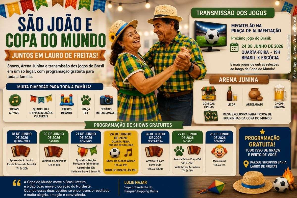 São João e Copa do Mundo movimentam Lauro de Freitas com shows gratuitos, Arena Junina e transmissão dos jogos do Brasil