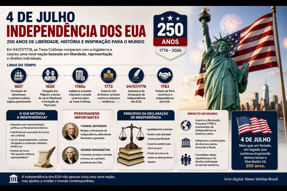 Independência dos EUA completa 250 anos em 2026; Entenda a história, os personagens e o impacto mundial da Revolução Americana