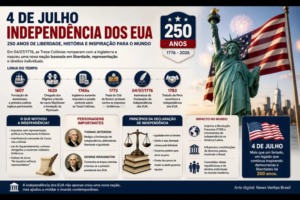 Data celebrada em 4 de julho marca os 250 anos da Declaração de Independência dos Estados Unidos, documento que deu origem ao país e influenciou movimentos políticos, constituições e democracias ao redor do mundo.