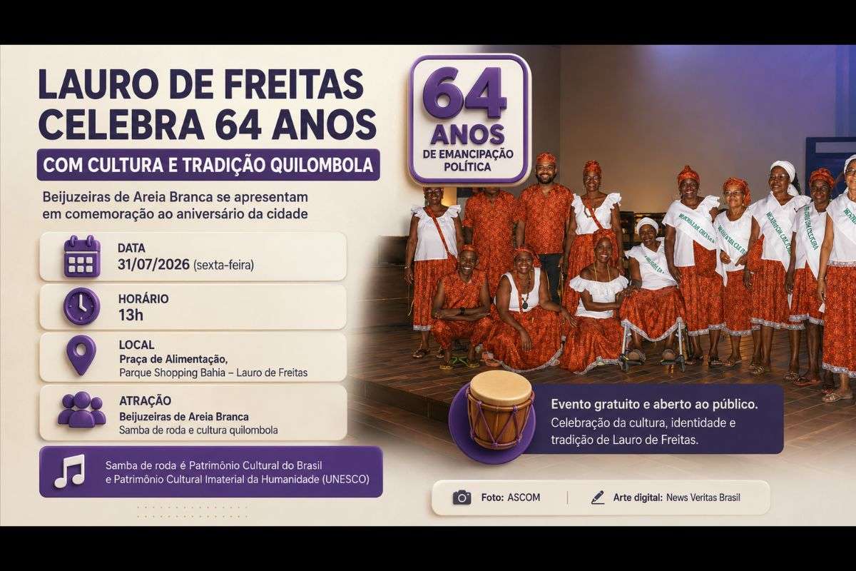 Samba de roda das Beijuzeiras de Areia Branca celebra os 64 anos de Lauro de Freitas com apresentação gratuita no Parque Shopping Bahia
