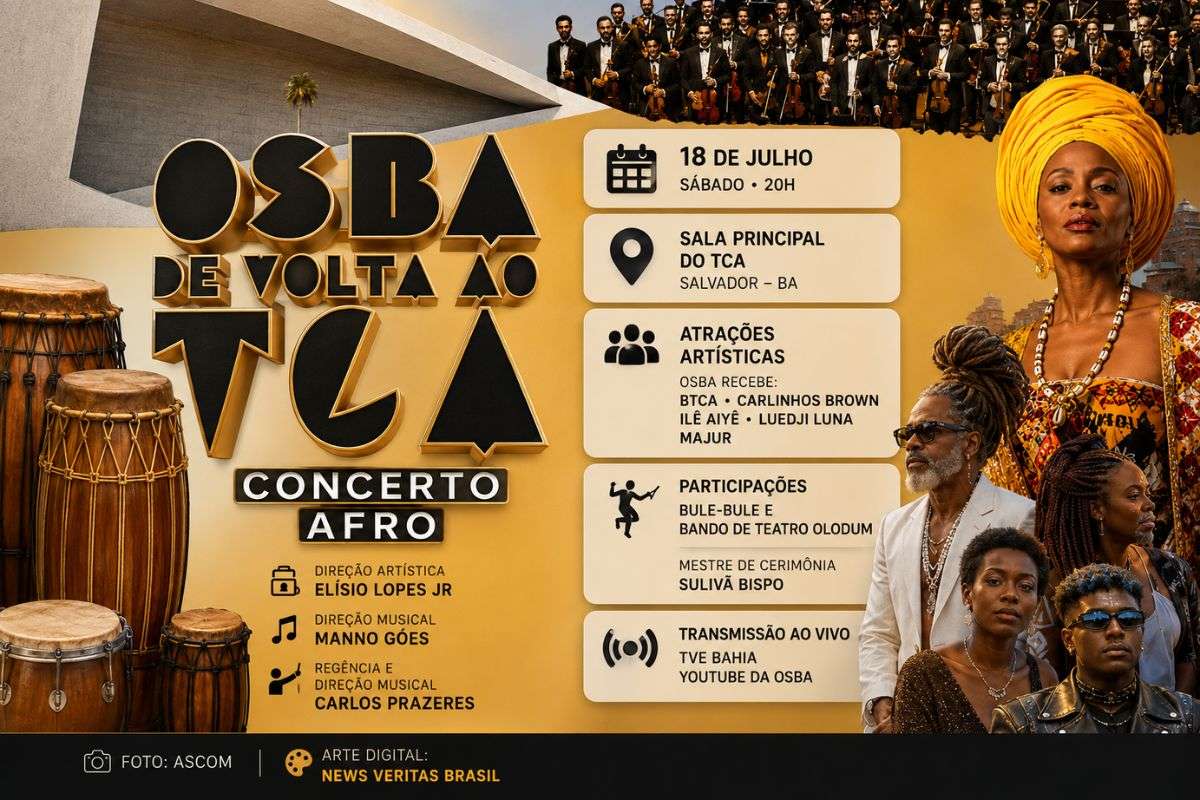Terceiro concerto do projeto "OSBA de Volta ao TCA" acontece no sábado (18/07), às 20h, na Sala Principal do Teatro Castro Alves, com transmissão ao vivo pela TVE Bahia e YouTube da OSBA.