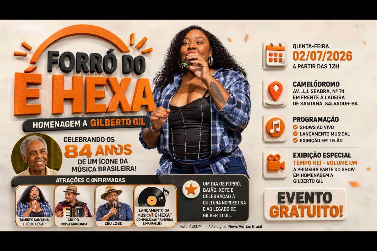 Evento gratuito será realizado no dia quinta-feira (02/07/2026), no Camelódromo, com apresentações musicais, lançamento da canção "É Hexa" e homenagem ao cantor e compositor Gilberto Gil.