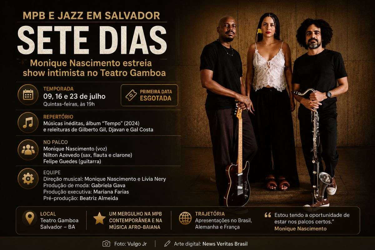 Cantora e compositora baiana apresenta repertório autoral, releituras da MPB e músicas do álbum "Tempo" em três apresentações no Teatro Gamboa.