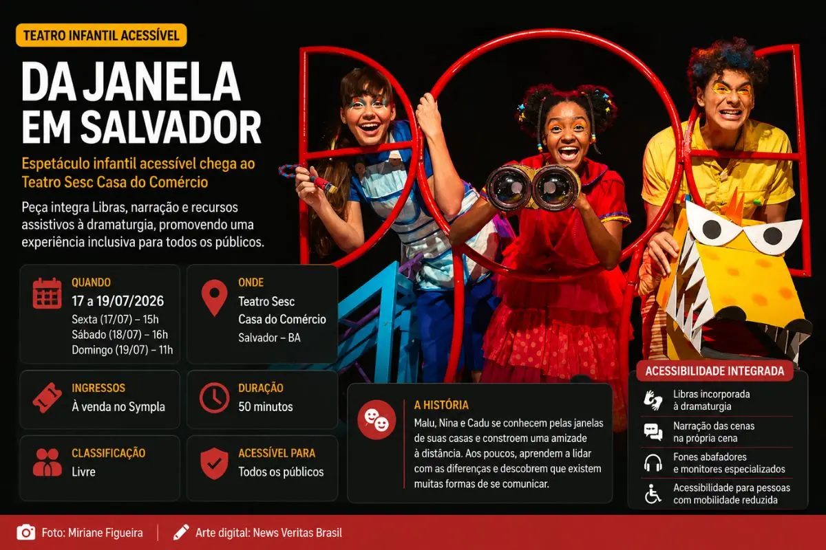 Montagem utiliza recursos de acessibilidade como parte da dramaturgia e promove uma experiência inclusiva para públicos com e sem deficiência durante apresentações em Salvador.