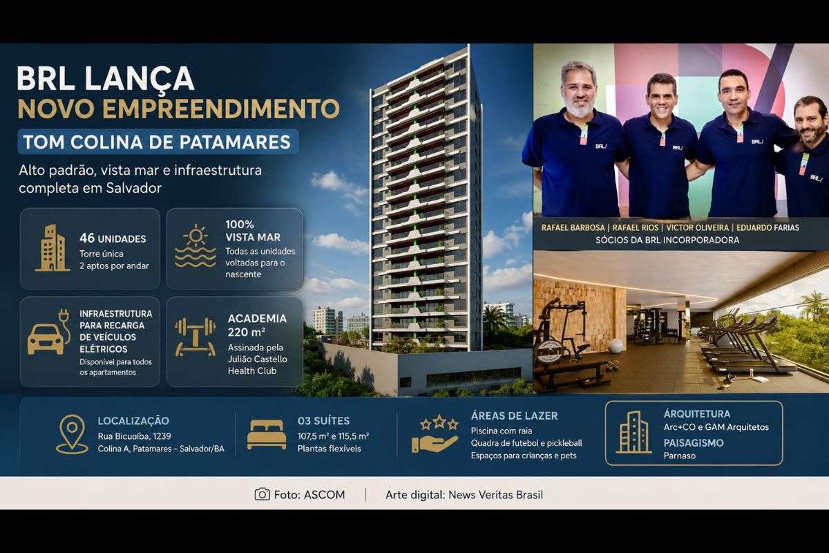 BRL lança TOM Colina de Patamares com 46 apartamentos, vista para o mar e infraestrutura para veículos elétricos em Salvador