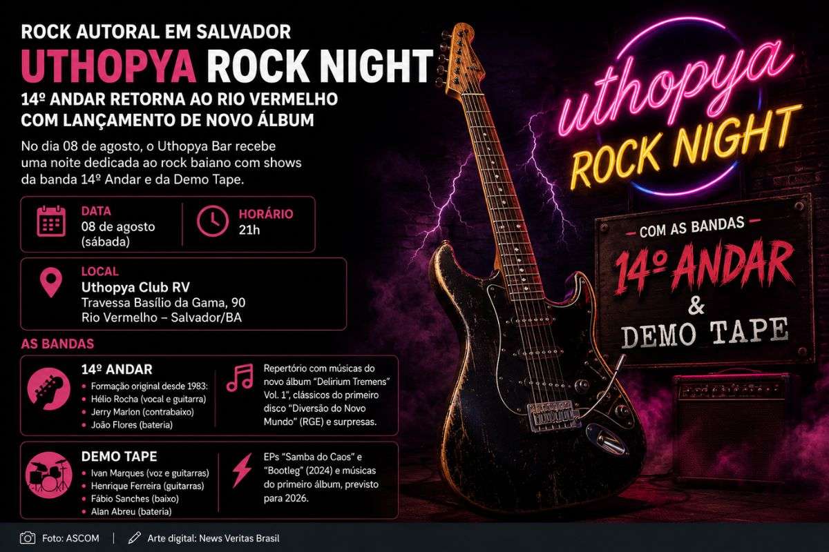 Evento UTHOPYA ROCK NIGHT reúne a banda 14º Andar e a Demo Tape no Uthopya Bar, celebrando o rock autoral baiano com repertório que inclui clássicos e músicas inéditas.