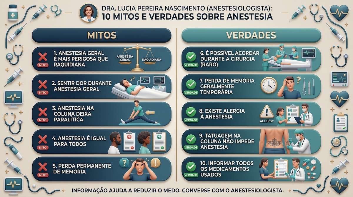 A anestesiologista Lucia Pereira Nascimento esclarece dez dúvidas frequentes sobre anestesia, incluindo possibilidade de consciência durante cirurgia, alterações temporárias de memória, alergias e uso de anestesia na coluna em pessoas com tatuagem lombar. A especialista explica que a escolha da técnica é individualizada conforme as condições clínicas e o procedimento. A avaliação pré-anestésica e a comunicação sobre medicamentos, alergias e histórico médico são fundamentais para o planejamento.