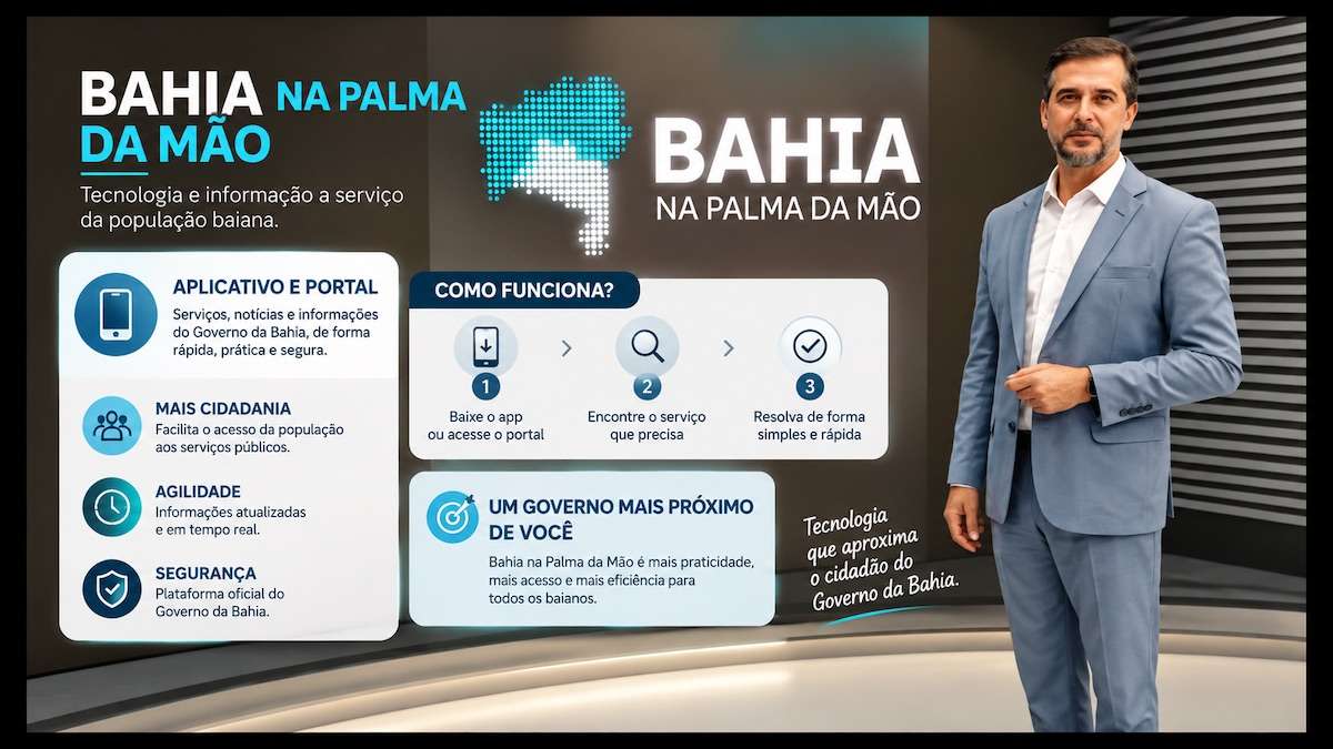O projeto Bahia na Palma da Mão, da Rede Bahia, inicia nesta terça-feira (08/09/2026) uma série de entrevistas com candidatos ao Governo da Bahia. Ronaldo Mansur, ACM Neto, Jerônimo Rodrigues e Aroldo Félix participam da programação em ordem definida por sorteio. As entrevistas utilizam uma mesa de LED de 30 m² com mapa virtual do estado, além de fotografias de Rui Rezende, para abordar demandas e desafios das diferentes regiões baianas.
