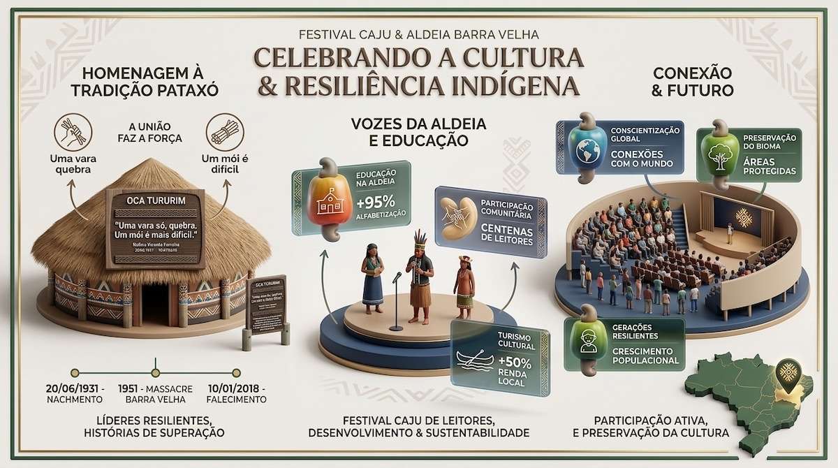 O Festival Caju de Leitores iniciou sua 5ª edição em Porto Seguro, reunindo lideranças Pataxó, escritores, educadores e estudantes na Aldeia Xandó. A programação aborda língua Patxohã, literatura indígena, ancestralidade e relação com os animais. A edição também apresenta resultados de pesquisa realizada com 976 estudantes sobre leitura em escolas indígenas. Criado em 2022, o festival informa ter alcançado mais de 12 mil pessoas até 2025.