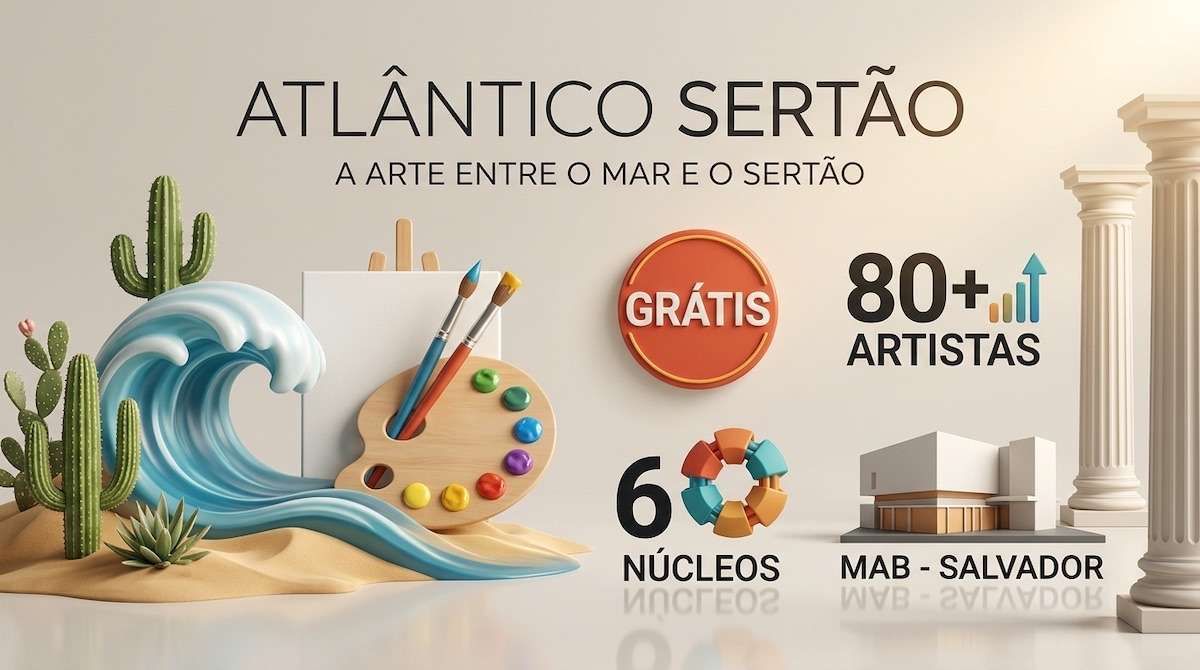 A exposição “Atlântico Sertão” inicia temporada no Museu de Arte da Bahia, em Salvador, nesta terça-feira (29/09/2026), com entrada gratuita até 29 de janeiro de 2027. Realizada pelo CCBB, a mostra reúne mais de 80 artistas, principalmente do Norte e Nordeste, em seis núcleos curatoriais. Pinturas, esculturas, fotografias, vídeos e instalações abordam território, memória, ancestralidade, ecologia, direitos humanos e relações históricas entre Brasil e África.