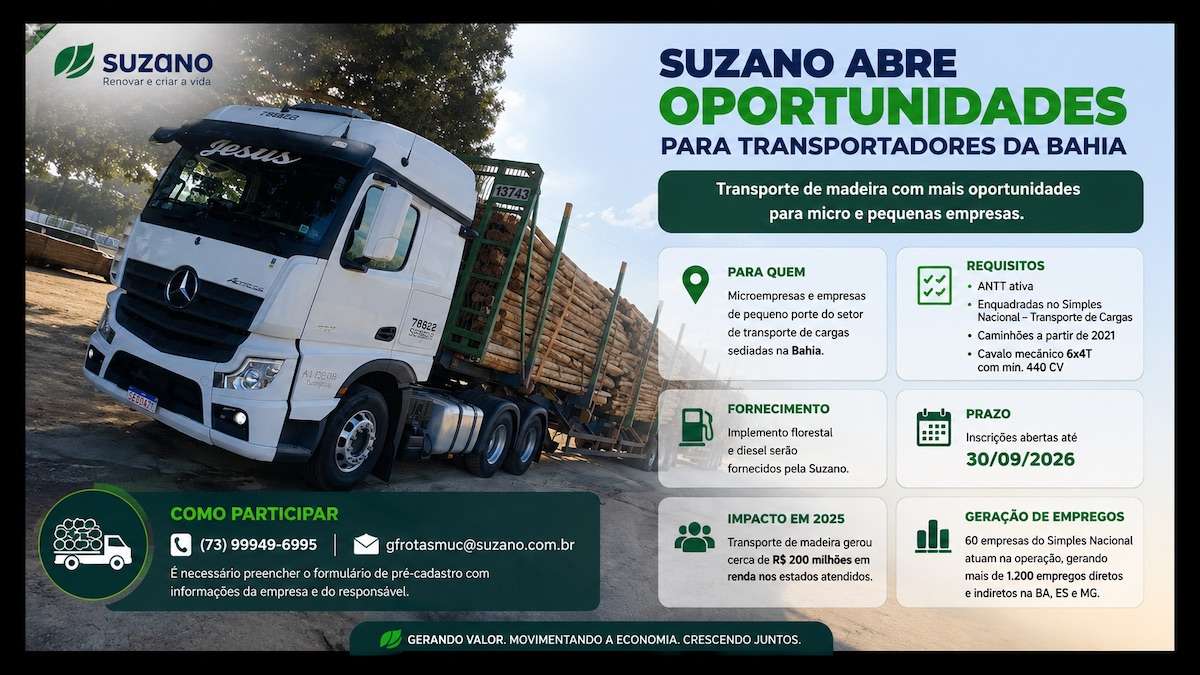 Suzano abre cadastro para micro e pequenas transportadoras da Bahia