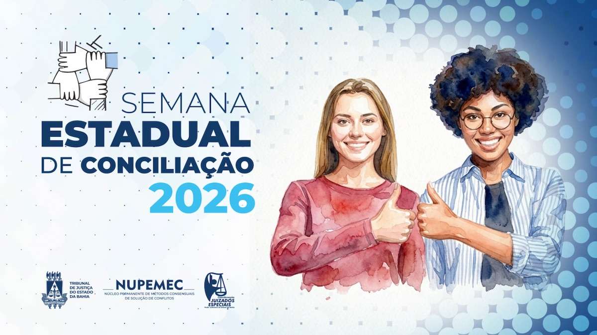 O TJBA realiza, de 21 a 25 de setembro de 2026, a 2ª Semana Estadual de Conciliação, com 20.960 audiências designadas em unidades de todo o estado. A programação inclui o Mutirão Conciliando a Cidadania Itinerante em João Dourado, Canarana, Lapão e Irecê, com serviços de saúde, cidadania e atendimento jurídico. Em Salvador, ações abordam direitos previdenciários. A mobilização busca ampliar a solução consensual de conflitos e o acesso à Justiça.