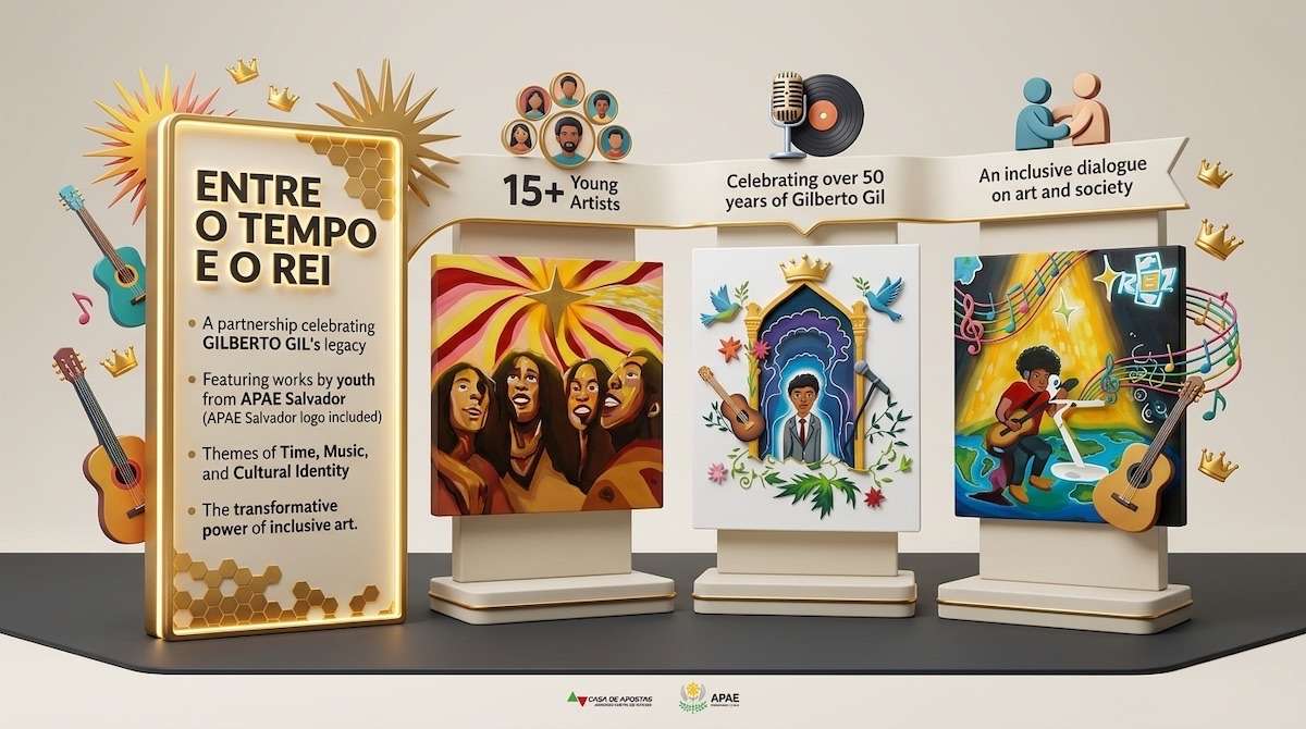 A APAE de Salvador inaugura, na quinta-feira (22/10/2026), às 15h, a exposição “Entre o Tempo e o Rei”, no Shopping Piedade. A mostra reúne obras de artistas com deficiência intelectual e múltipla, inspiradas na trajetória e nas canções de Gilberto Gil. Entre os trabalhos estão produções de Rodrigo Gabriel, Carlos Henrique, Manuela Lélis e Lucas Paixão. A abertura contará com apresentações da Companhia de Dança Opaxorô e da Banda Opaxorô.