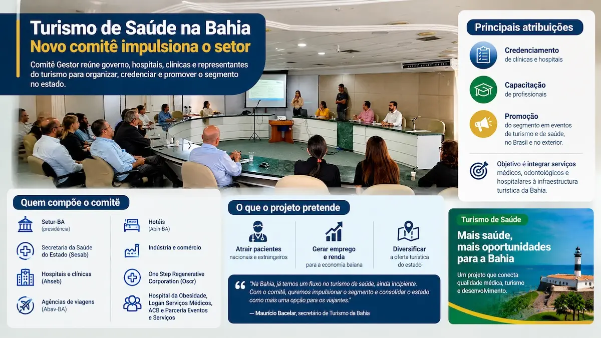 A Secretaria de Turismo da Bahia instituiu o Comitê Gestor do Projeto Bahia Turismo de Saúde para coordenar ações voltadas à atração de pacientes brasileiros e estrangeiros. O colegiado reúne órgãos públicos, hospitais, clínicas, entidades empresariais e representantes do turismo. Entre as atribuições estão o credenciamento de estabelecimentos, a capacitação profissional e a promoção do segmento no Brasil e no exterior. A iniciativa busca integrar atendimento médico, transporte e hospedagem e diversificar a economia turística estadual.