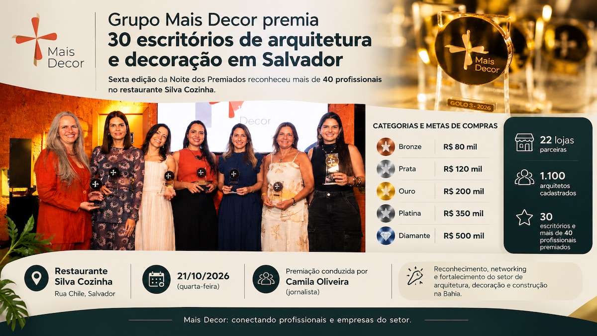 Grupo Mais Decor premia 30 escritórios de arquitetura e decoração em Salvador