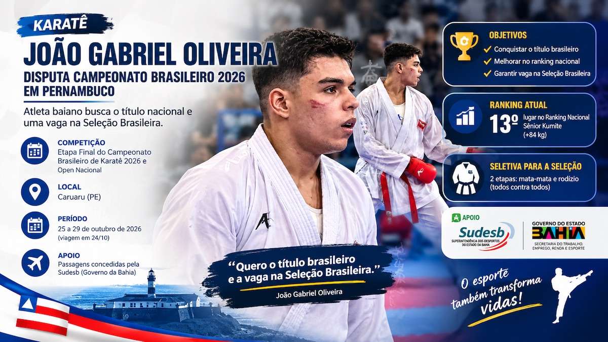Karateca baiano João Gabriel Oliveira disputa Brasileiro de 2026 em Pernambuco e busca vaga na Seleção Brasileira