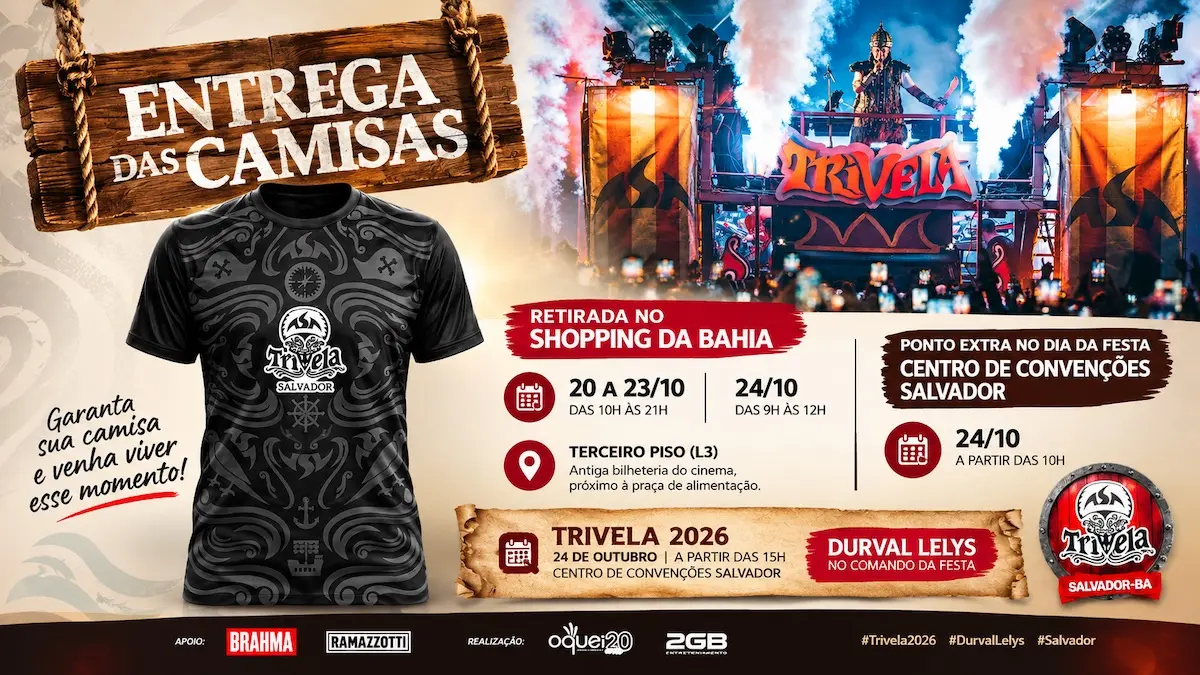 A retirada das camisas da Trivela 2026 começou na terça-feira (20/10), no Shopping da Bahia, em Salvador. O atendimento ocorre até sexta-feira (23/10), das 10h às 21h, e no sábado (24/10), das 9h às 12h. No dia do evento, haverá outro ponto de entrega no Centro de Convenções Salvador, a partir das 10h. A festa será comandada por Durval Lelys, com início previsto para as 15h.